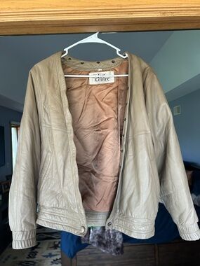 Women's Light Taupe Leather Jacket - Minimal Collar Bomber
